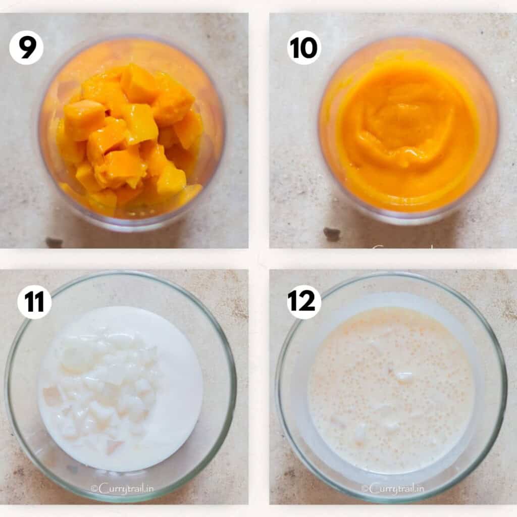picture collage of making mango puree and sweet coconut cream base.