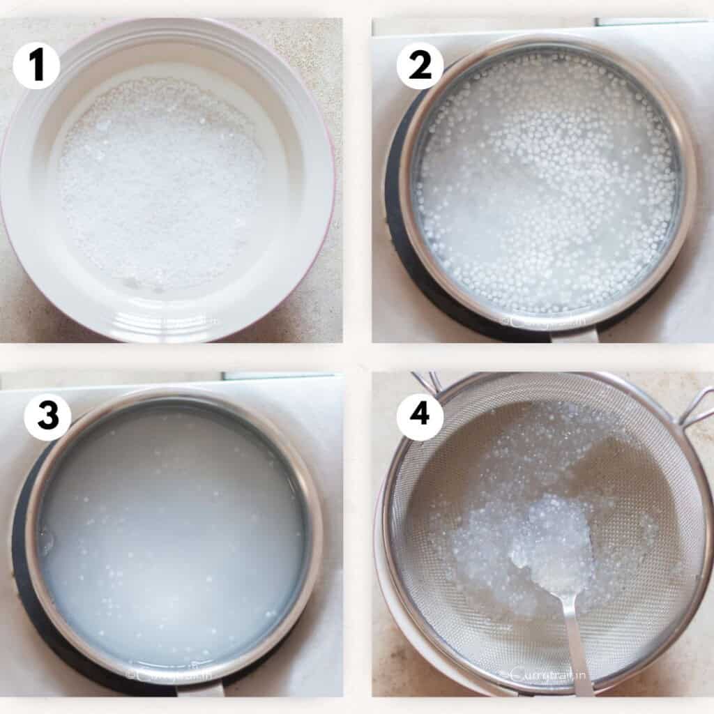 picture collage of cooking mini sago pearls in a sauce pan.