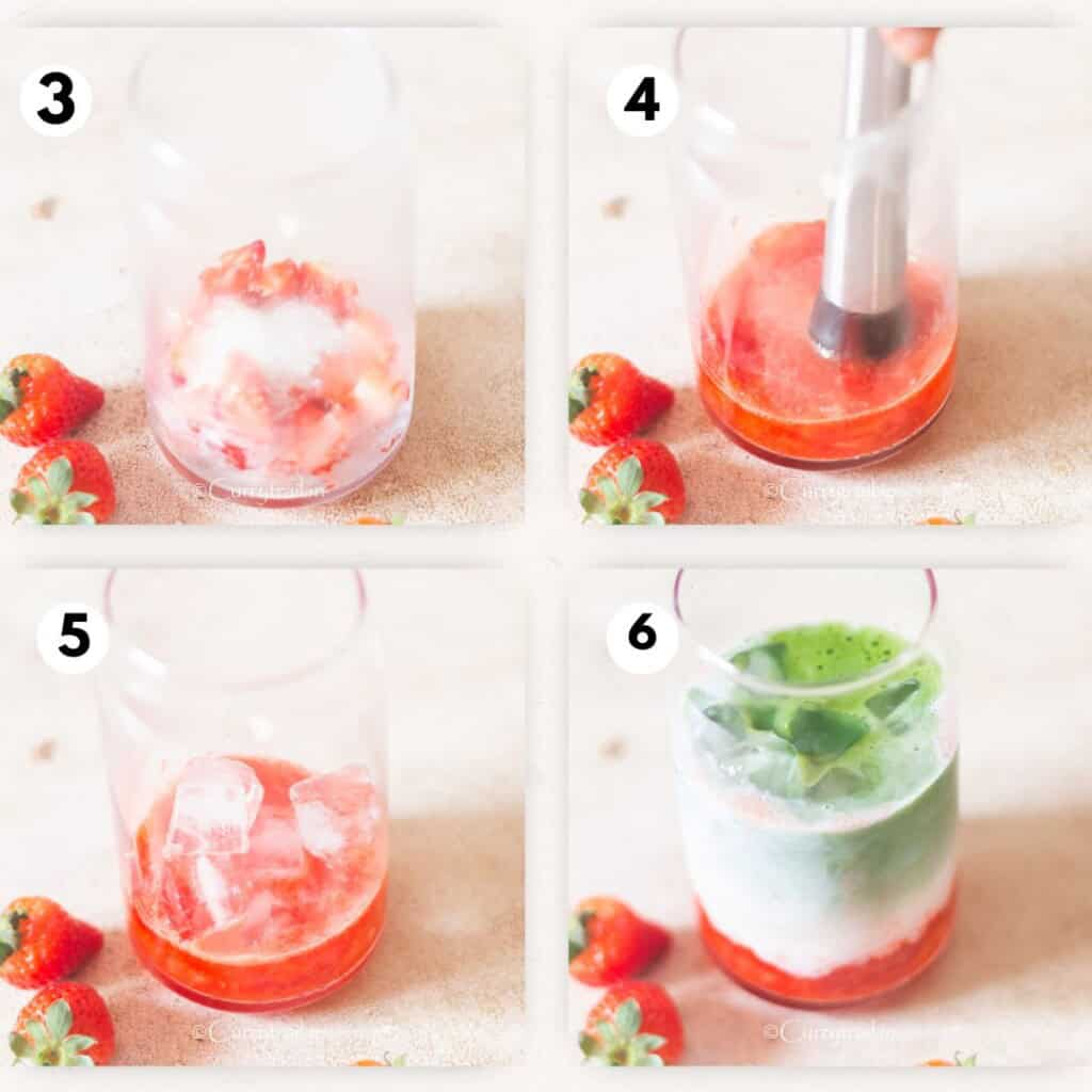 picture collage of assembling strawberry matcha latte in drinking glass.