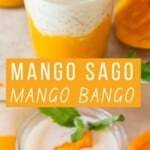 tropical mango dessert drink with layers of mango puree and sweet condensed milk base with coconut jelly and sago pearls.