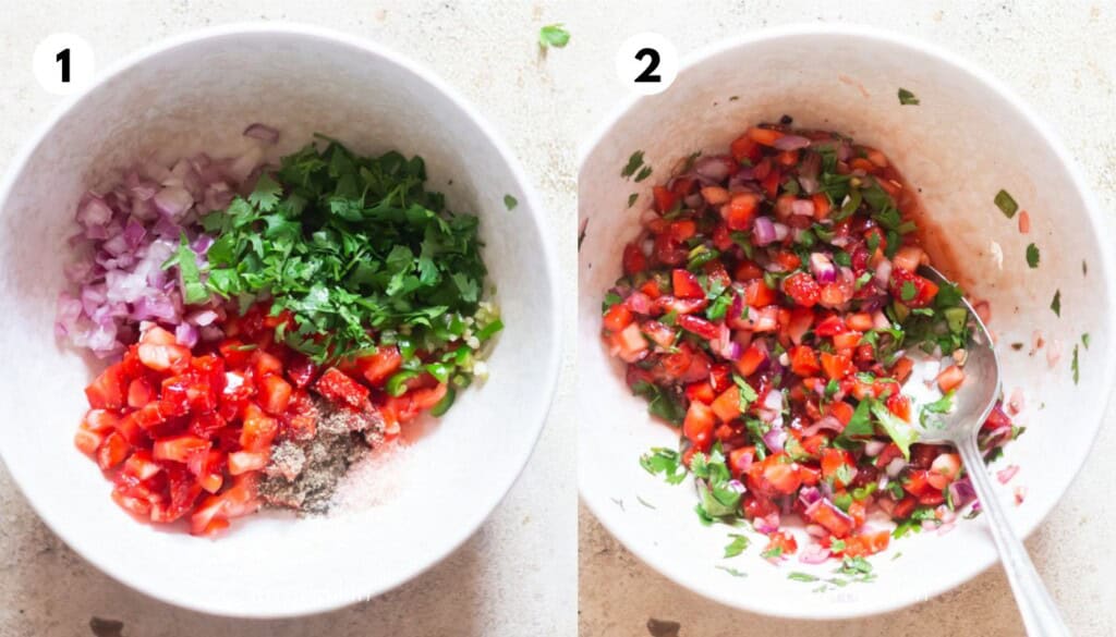 picture collage of making salsa with strawberries.