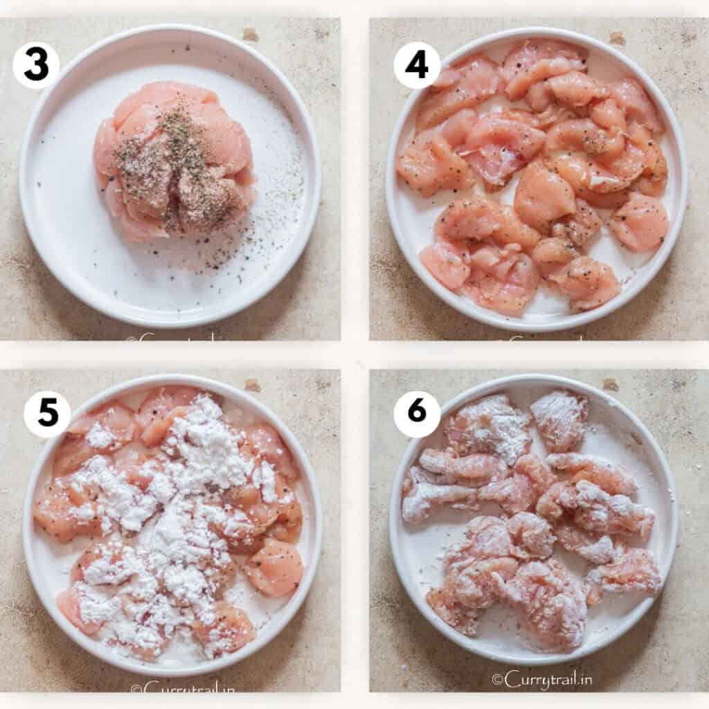 picture collage of seasoning chicken with salt and pepper and coating it in cornstarch.