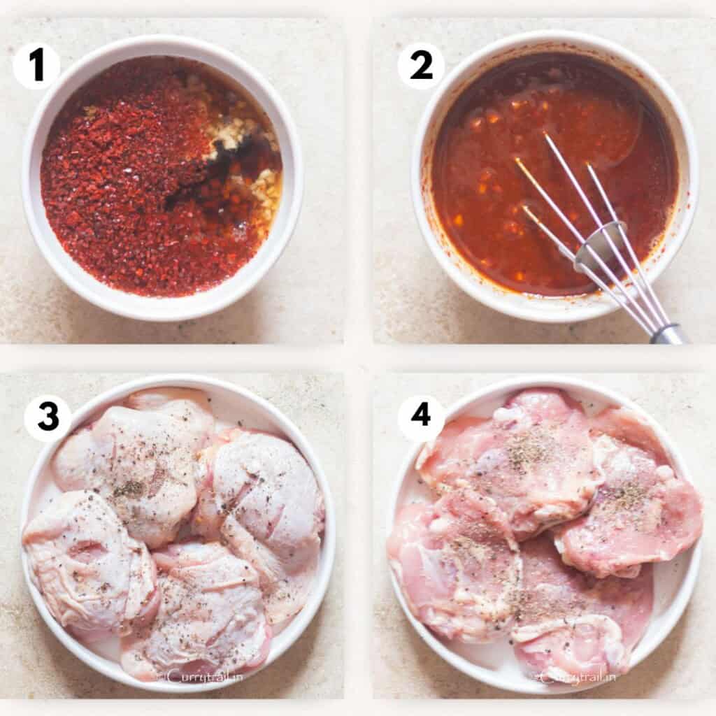 picture collage of making gochujang sauce and seasoning chicken thighs with salt and pepper.