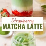 strawberry matcha latte in tall drinking glass with glass straw.
