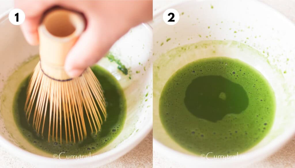 picture collage of whisking ceremonial-grade matcha tea in a white ceremonial bowl using a matcha bamboo whisk.