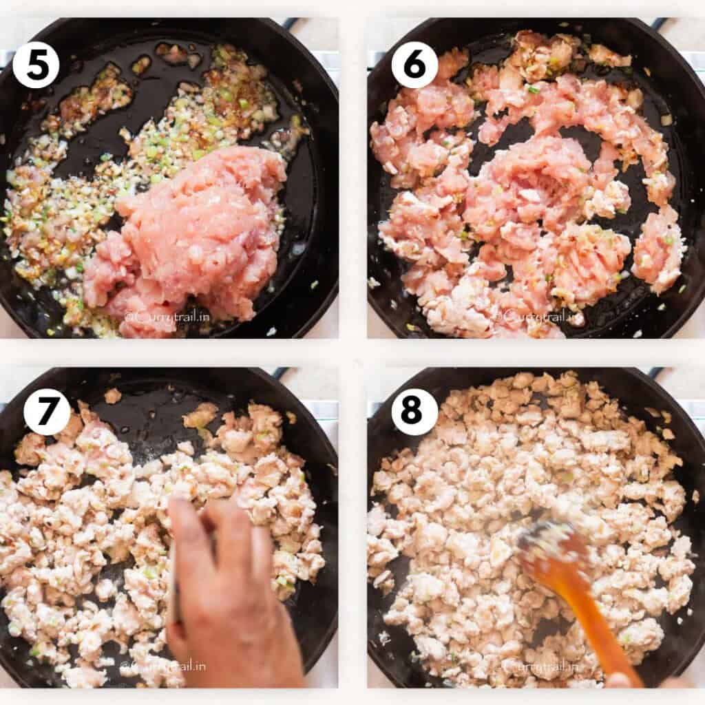 picture collage of cooking ground chicken with aromatics in large cast iron skillet.