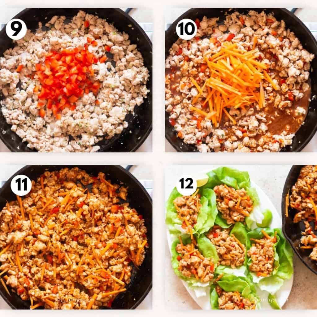 picture collage of cooking ground chicken with vegetables and Asian sauces.