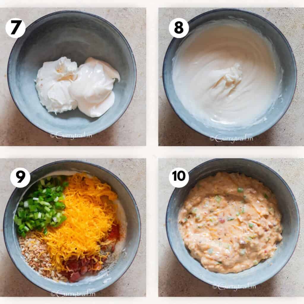 picture collage of making million dollar dip in a bowl.