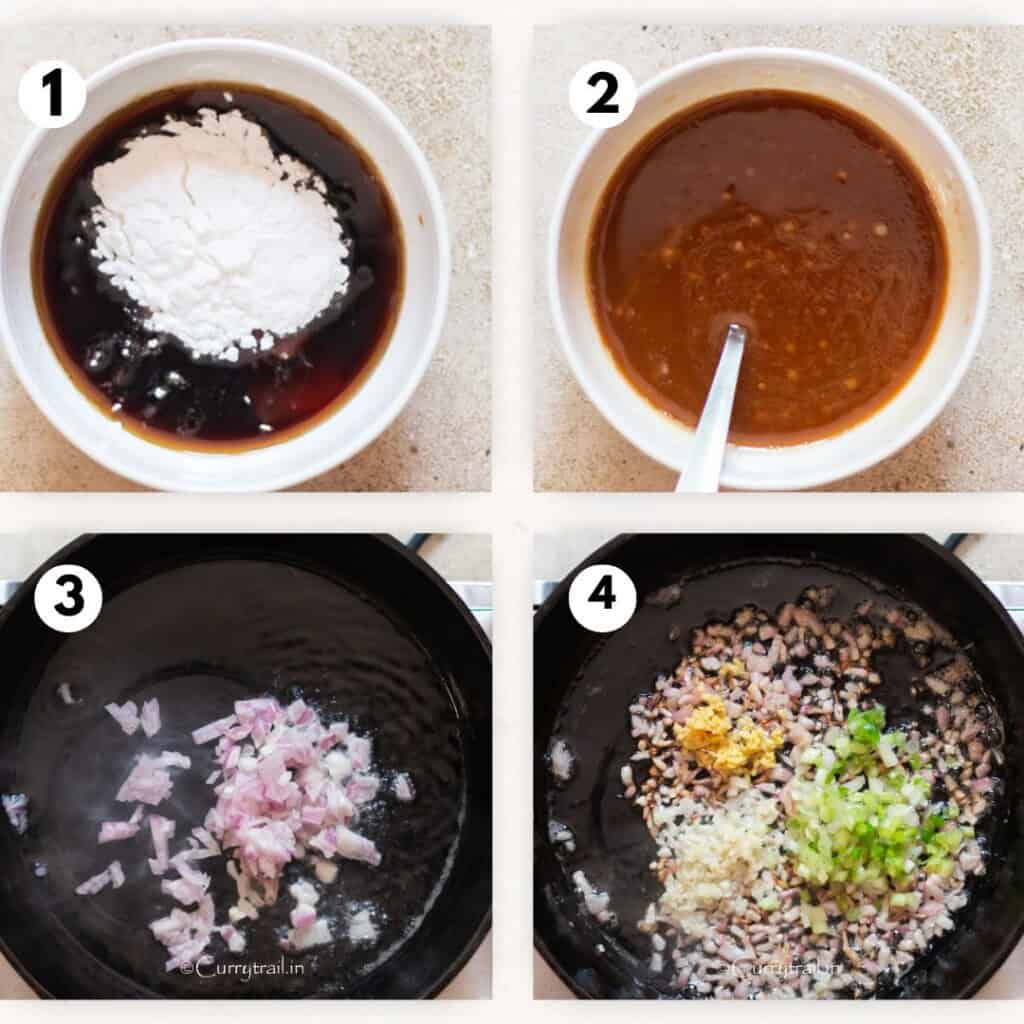 picture collage of making Asian sauces and cooking aromatics in a large skillet.