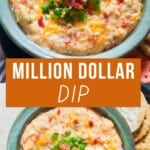 million dollar dip in a bowl with green onion and crispy bacon on the top with cracker dipped in it.