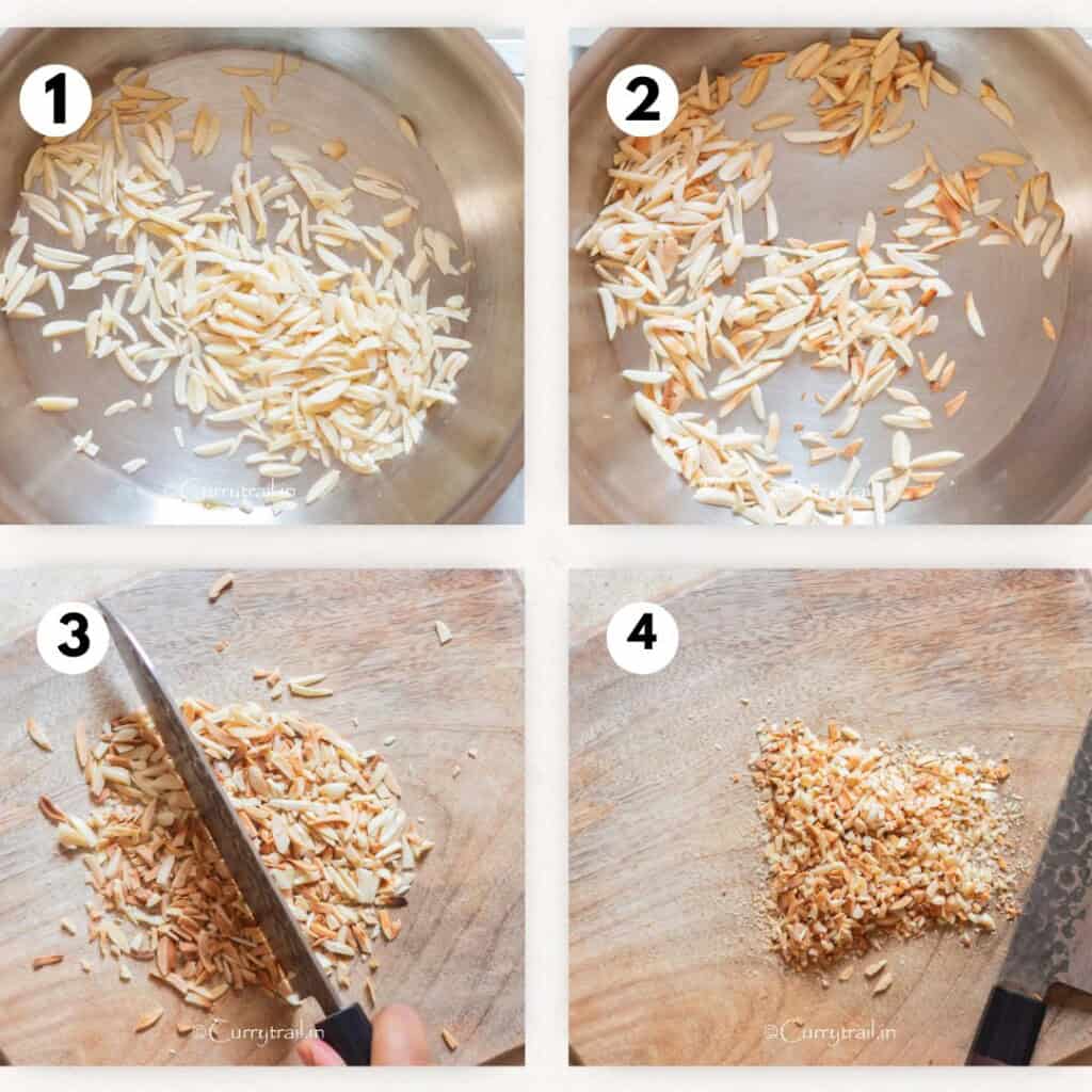 picture collage of toasting silvered almonds and chopping it.