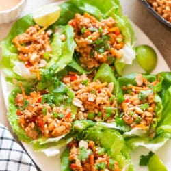 Lettuce cups filled with Asian ground chicken filling along with toppings.