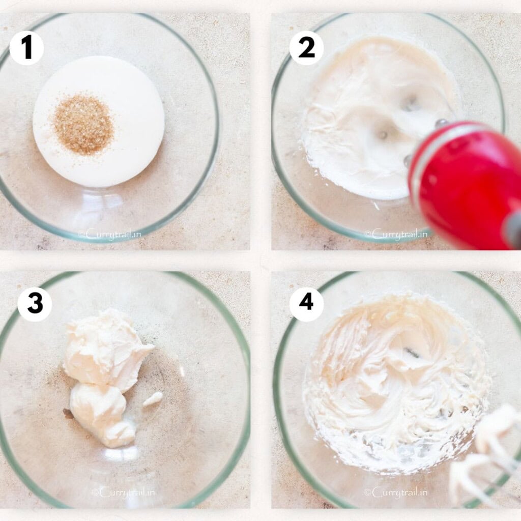 picture collage of making cheesecake dip in bowl.