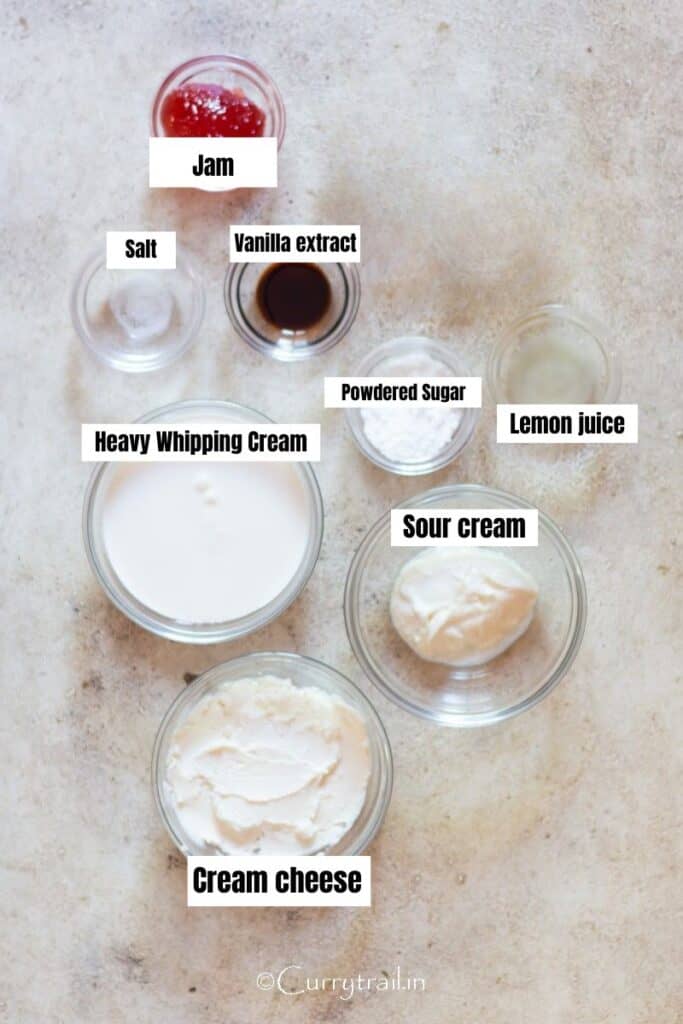 all ingredients for cheesecake dip arranged on a table.