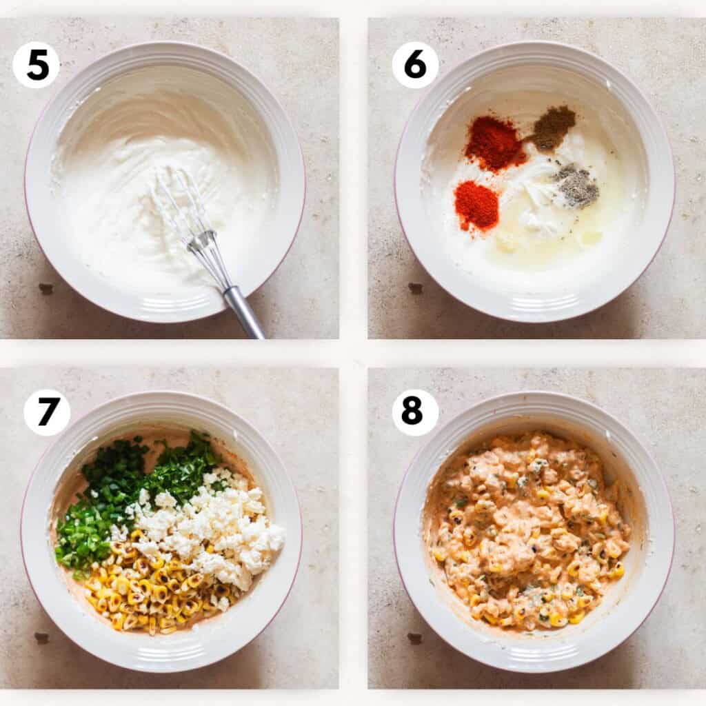 picture collage of making cream cheese base for corn dip.