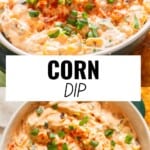 spicy corn dip in a bowl with nachos on the side.