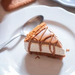 This cheesecake is not baked and it's topped with biscoff spread and biscuit crumbs.