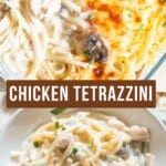 creamy chicken linguine baked with mozzarella cheese in baking dish.