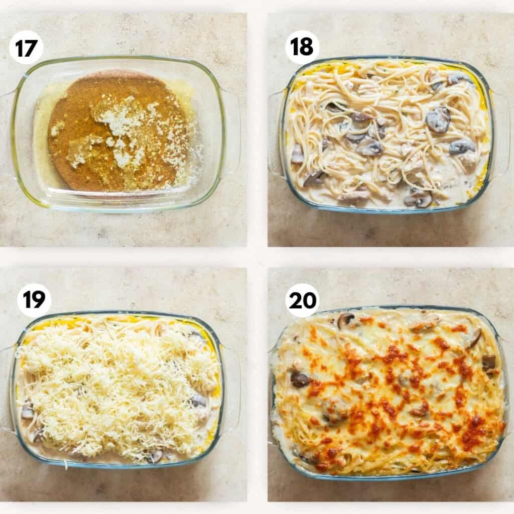 assembling chicken linguine pasta with mozzarella cheese sprinkled on top.