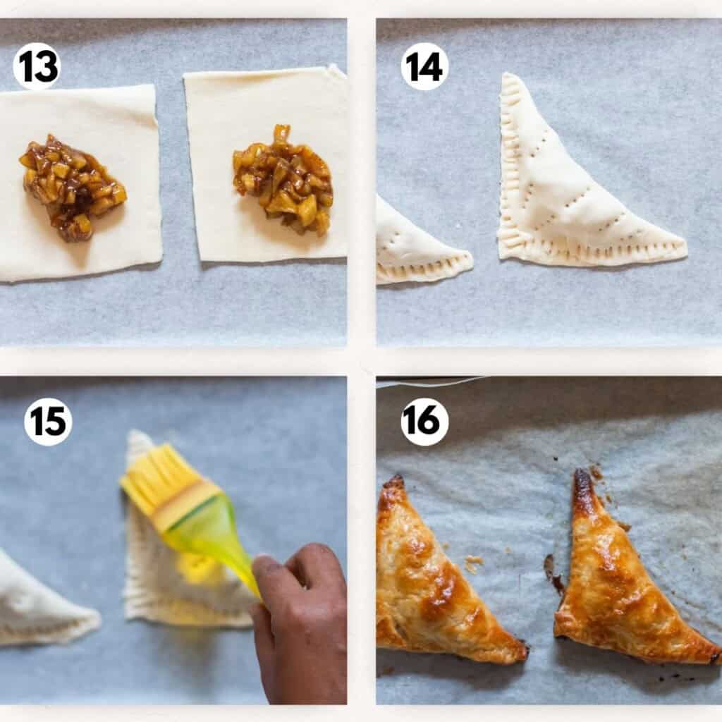 photo collage of filling puff pastry with cinnamon apples and brushing egg wash on top.