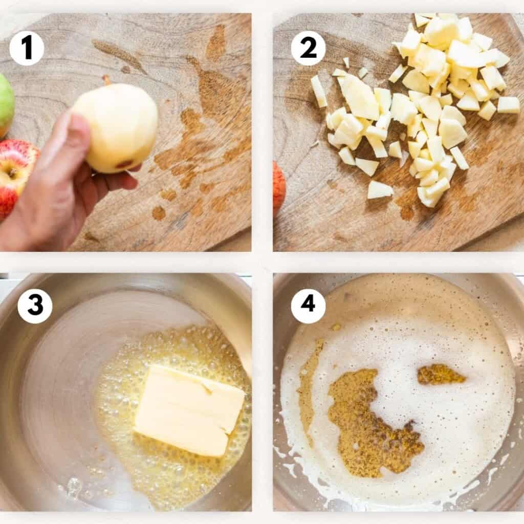 photo collage of peeling and chopping apples and cooking it in butter.