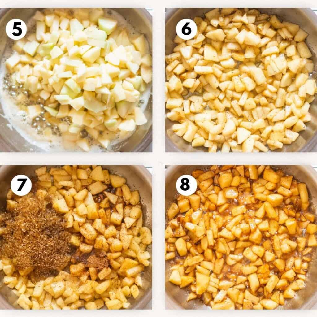 photo collage of cooking chopped apples in butter, brown sugar, cinnamon powder and vanilla extract.