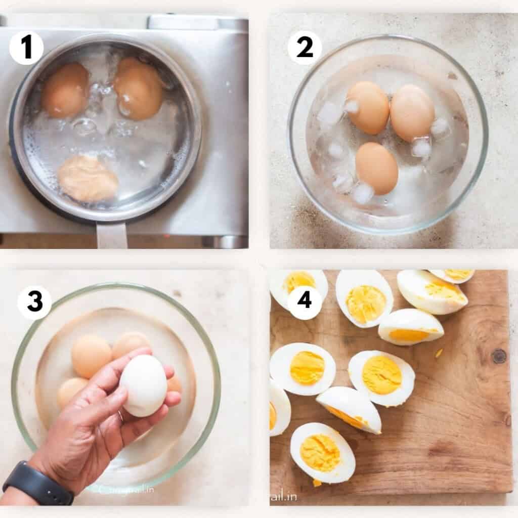 picture collage of boiling eggs to make hard boiled eggs.