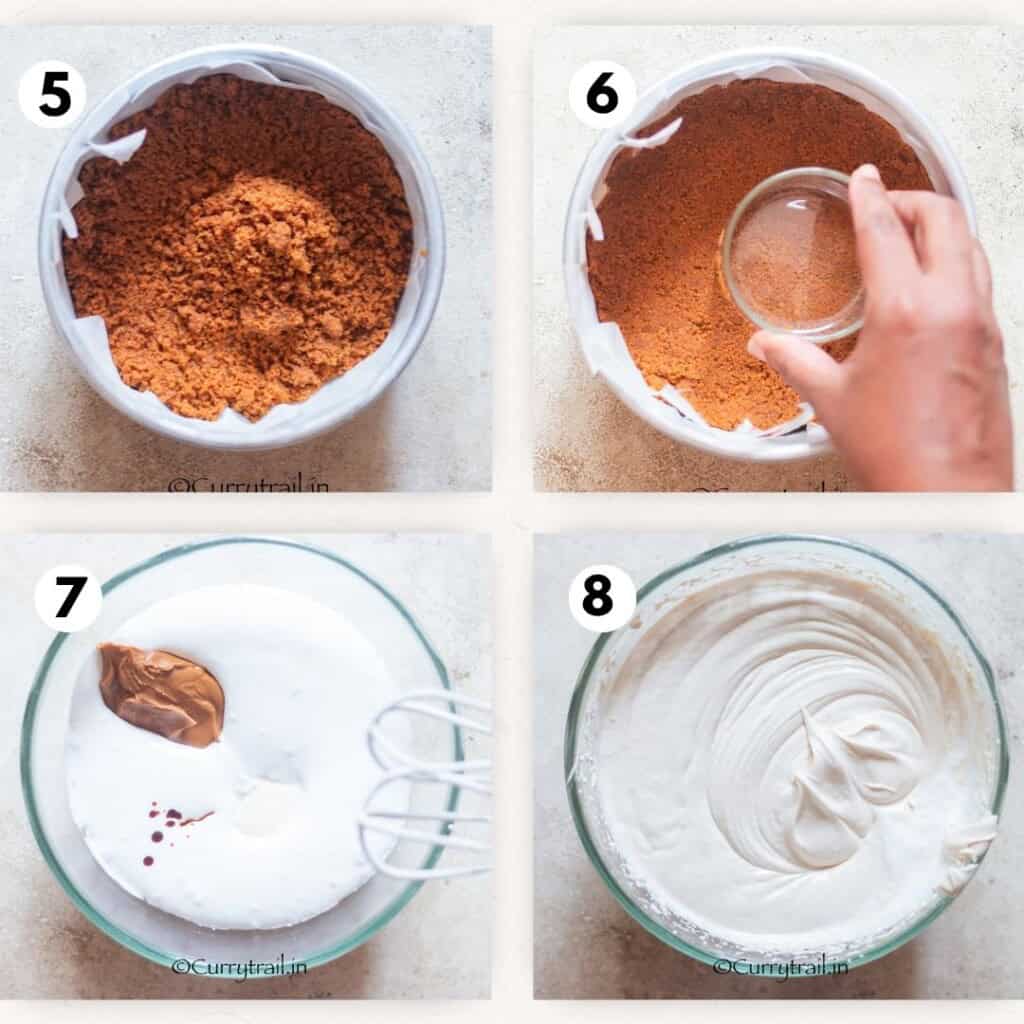 photo collage of assembling biscuit crumbs and whipping topping for cheesecake.