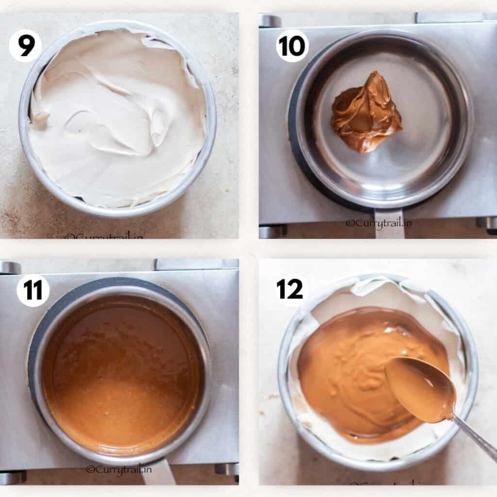 photo collage of assembling biscoff cheesecake with biscoff spread as topping.