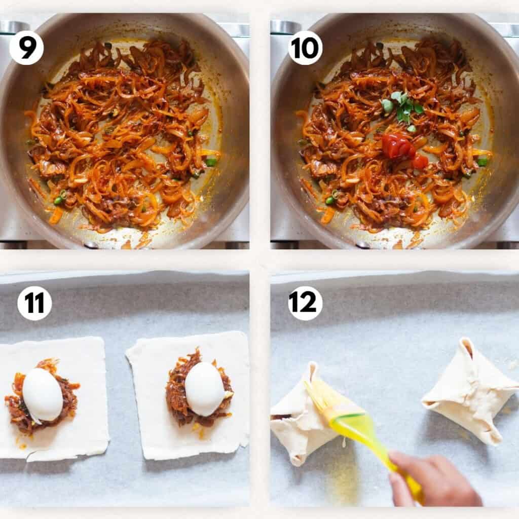 photo collage of making spiced onion mix for egg puffs.