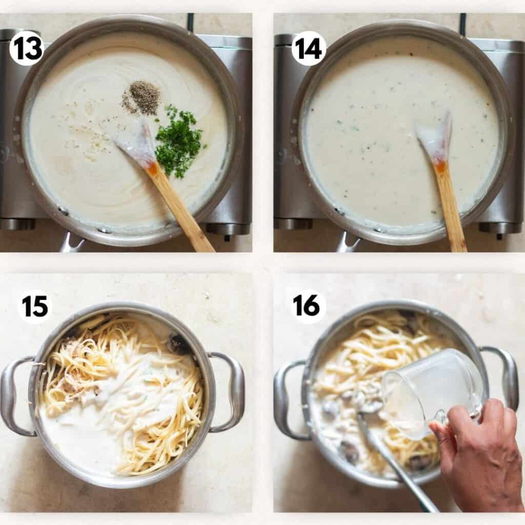 picture collage of making creamy base for chicken tetrazzini.
