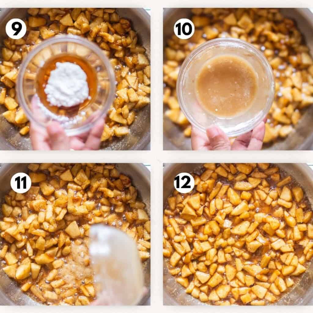 Photo collage of add corn starch mixed in maple syrup and added to apples to thicken.