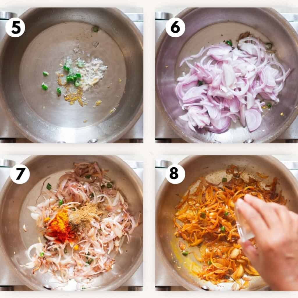picture collage of making spiced onion for egg puff recipe.