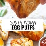 south indian bakery style egg puffs served with ketchup and tea.