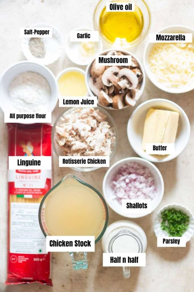 all ingredients for creamy chicken tetrazzini pasta arranged on the table.