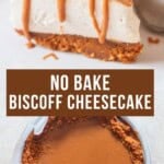 a slice of biscoff no bake cheesecake with crumb topping.