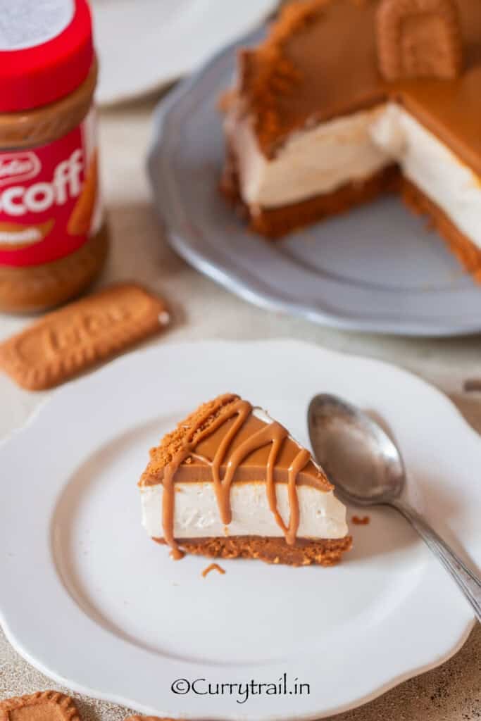 This cheesecake is not baked and it's topped with biscoff spread and biscuit crumbs.