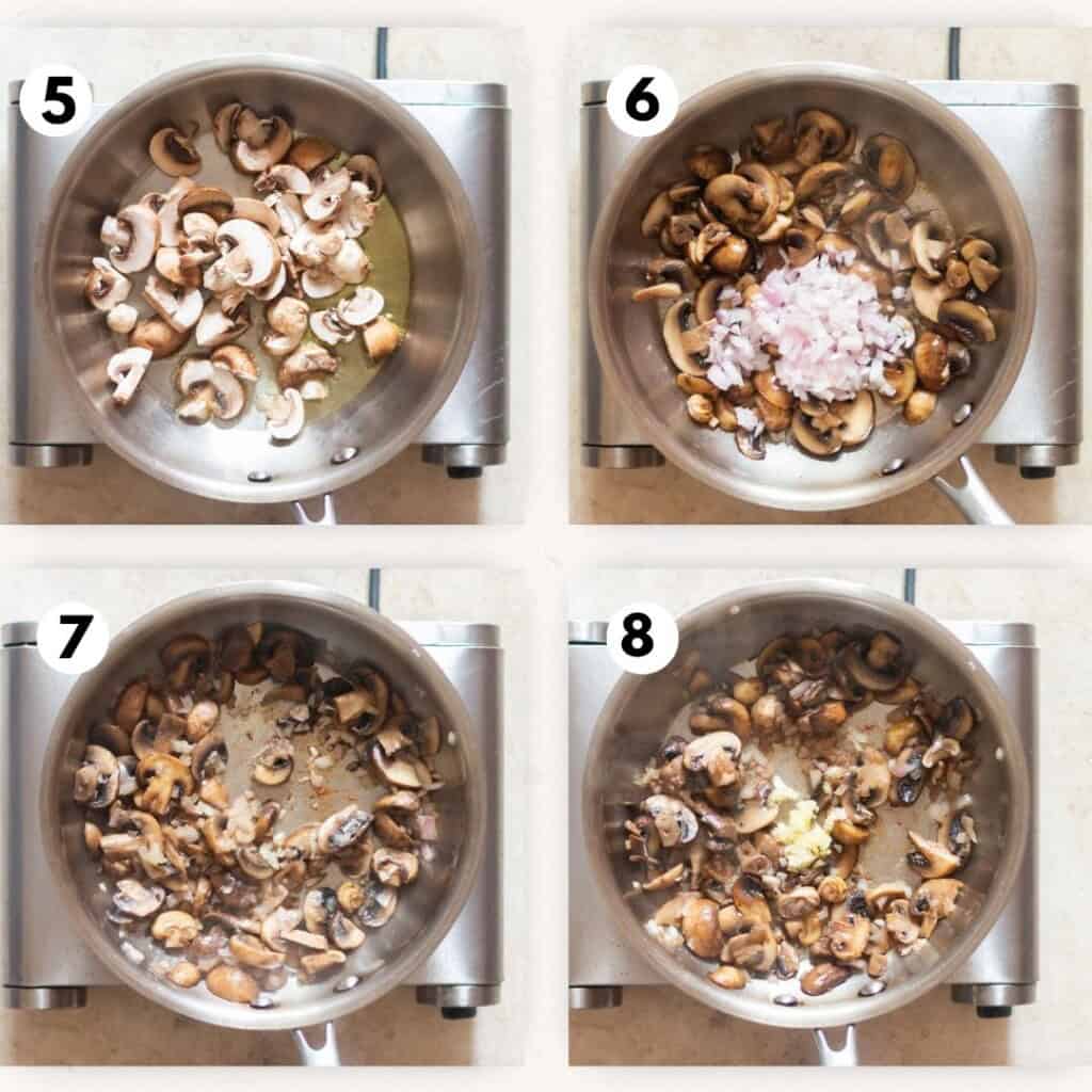 collage picture of sauteing mushrooms with shallots and garlic.