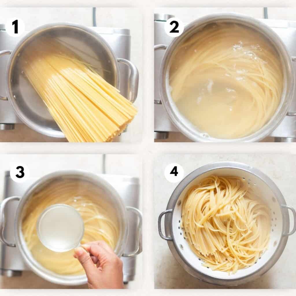 picture collage of cooking linguine pasta for chicken tetrazzini.