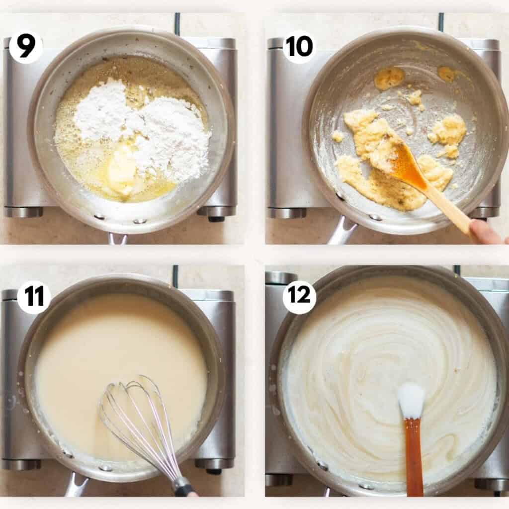 picture collage of making roux for cream base for chicken pasta.