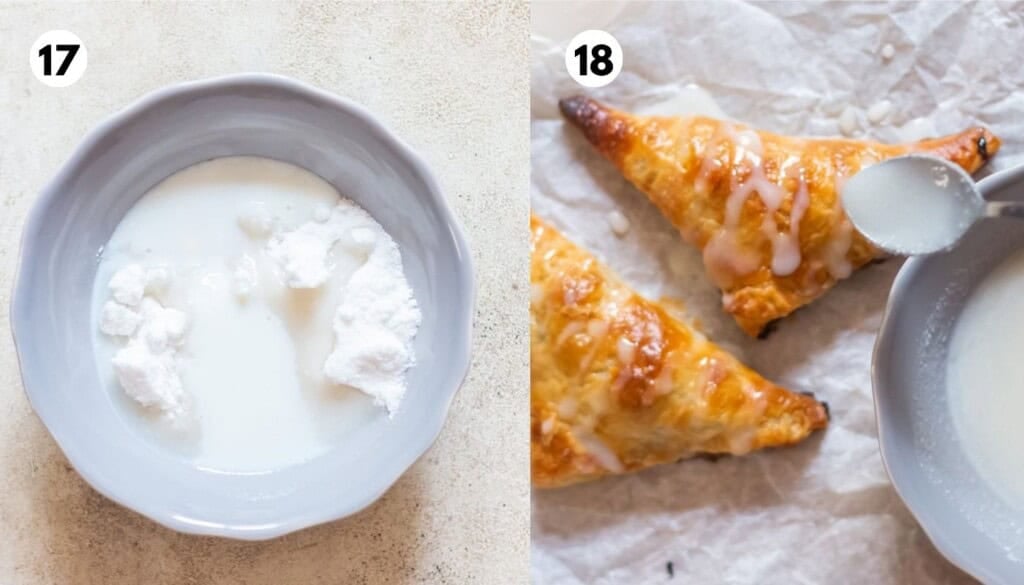 making sugar glaze for apple pie turnovers with puff pastry.